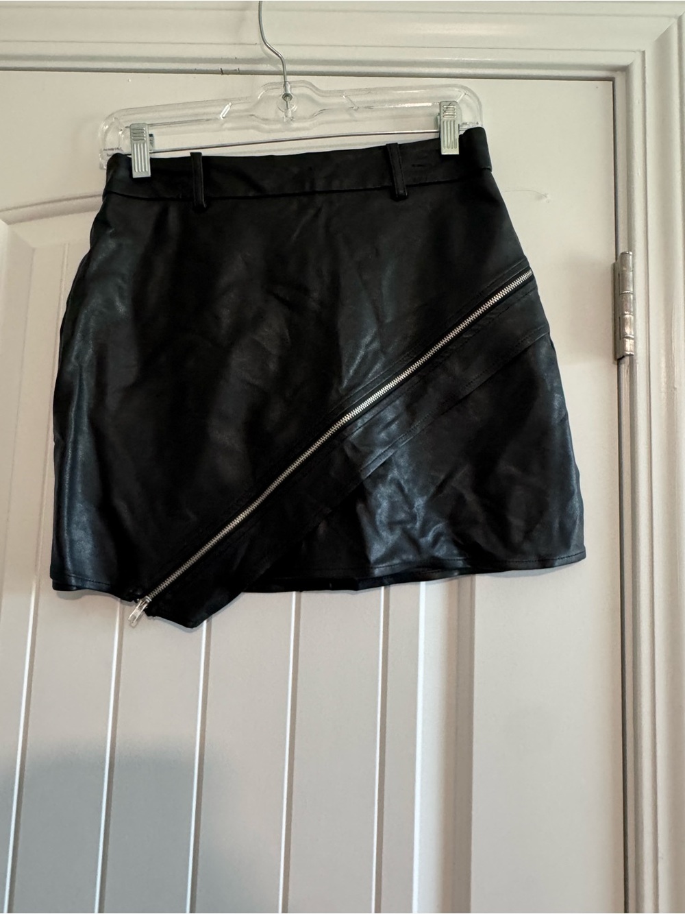 Le Lis Black Faux Leather Mini Skirt with Diagonal Silver Zip